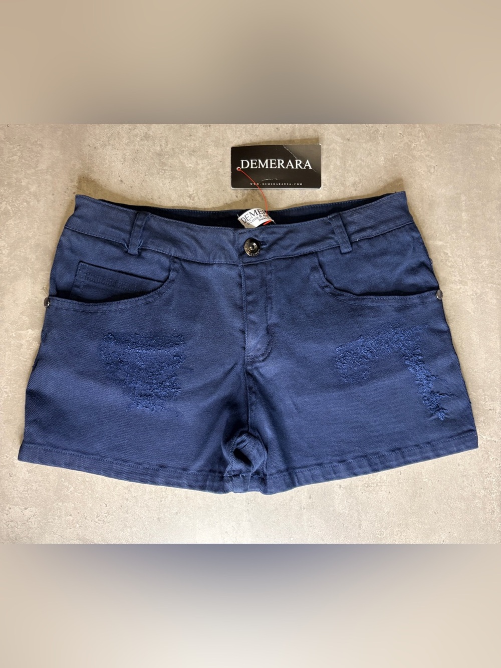 Demerara Navy Embroidered Stretch Cotton Shorts Sz 27